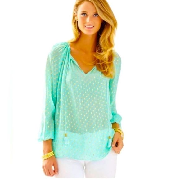 Lilly Pulitzer Tops - Lilly Pulitzer Mint Green Gold Dots Sheer Silk Tassel Tie Blouse Size S